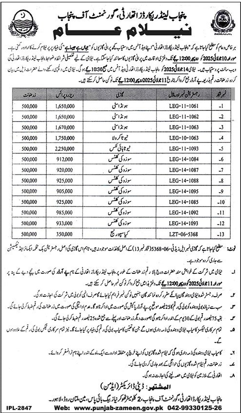 Punjab Land Record Authority Lahore Tender Notice